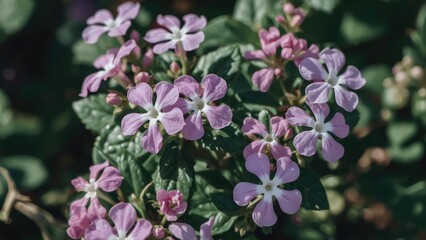 Fototapeta premium Clusters of purple and white flowers with green leaves.