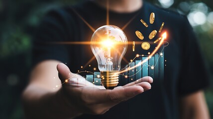 Glowing light bulb held in hand with an ascending green bar chart and flying golden coins, concept for eco-friendly investment and green growth