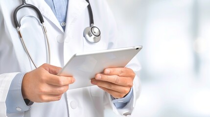 Doctor holding a tablet while standing in a medical setting during daytime
