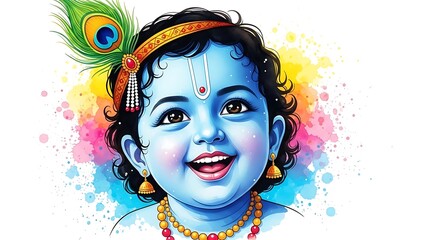 Blue skinned child with peacock feather and jewelry smiling