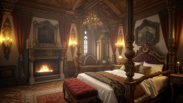 Opulent Victorian Bedroom with Four- Poster Bed, Fireplace, and Ornate Decor interior luxury