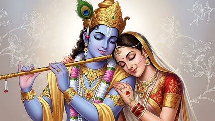 Krishna and Radha in traditional attire playing flute together
