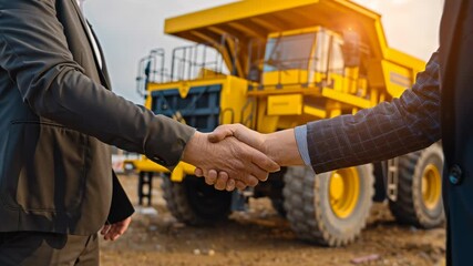Business People Handshaking in Front of a Large Yellow Dump Truck at a Construction Site - Powered by Adobe