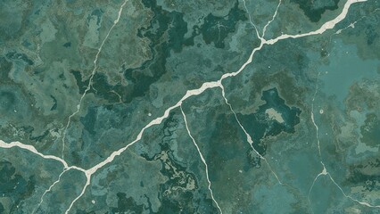 Aerial view of a landscape with prominent white cracks or faults. Natural terrain and geological features, possibly showing tectonic activity or erosion.