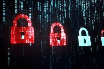 Three digital lock icons on a matrix background