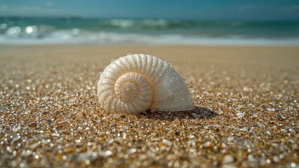 A seashell on the sandy beach with the ocean in the background. Nature and marine life, coastal environment. Beach and marine habitat. The scene of seaside and shell.