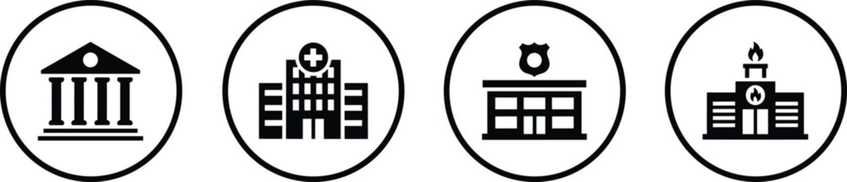 Public service building icon set with government hospital police and fire station silhouettes in circular frames for city vector.
