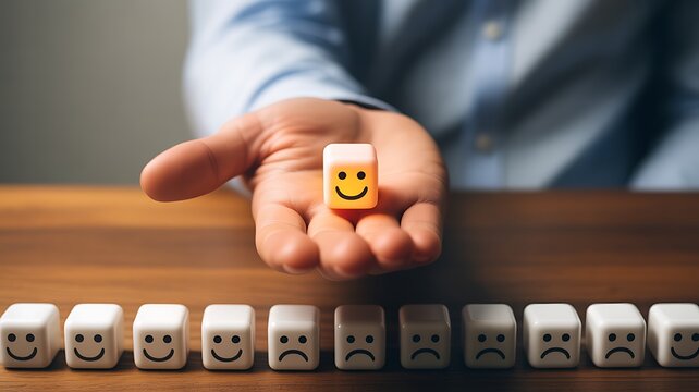 Woman hand holding a glowing happy face block above a long row of various emotional icons on a wooden table, customer experience survey