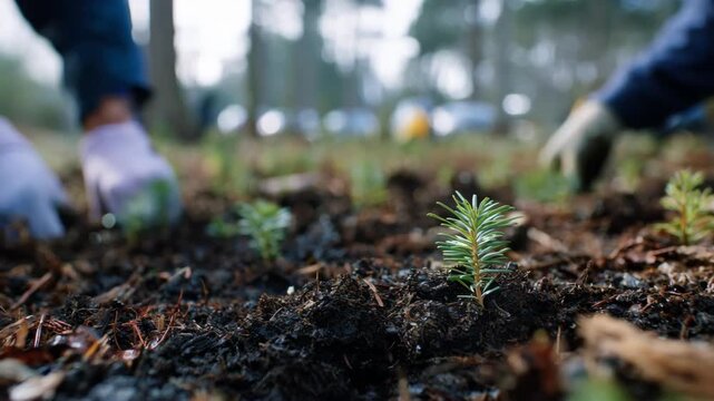 Captivating medium shot of saplings being planted in an arboretum highlighting a communitys commitment to memory and nature conservation.