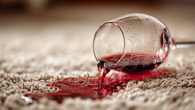 Overturned wine glass spilling vibrant red wine onto a light-colored, shaggy carpet, creating a challenging stain and symbolizing a common household accident.