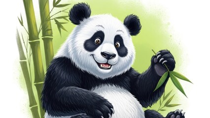Cartoon panda bear eating bamboo against green background illustration