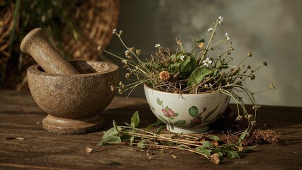 A rustic stone mortar and pestle with a bowl of dried herbs and flowers on a wooden surface.