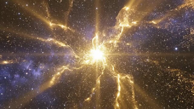 Abstract motion graphic animation of golden, shimmering light beams radiating strongly from a central source in a dark blue starry environment spiritual, dark, seamless