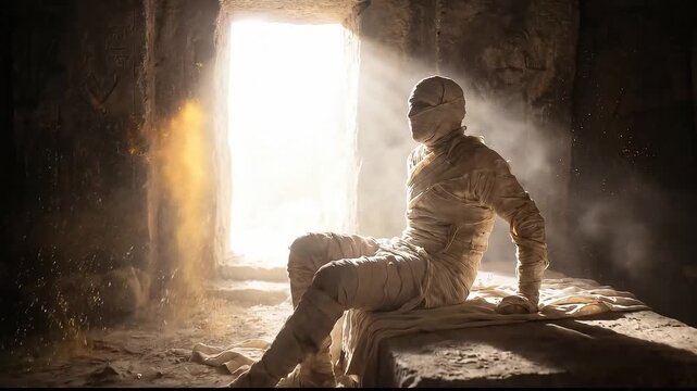 Biblical Lazarus wrapped in burial bandages sitting up in stone tomb. Resurrection scene with man coming back to life near bright doorway light. Religious miracle concept of rising from dead.