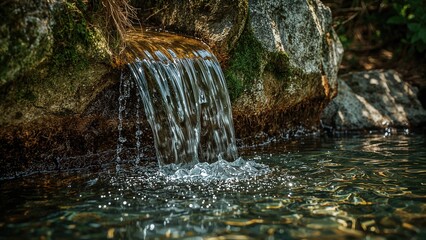 Water flowing over rocks from a small waterfall in a natural setting.
