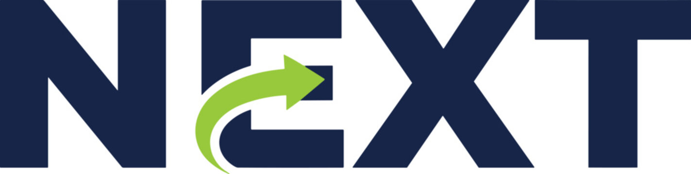 Professional next level business logo with green arrow icon for forward motion success navigation and future growth vector.