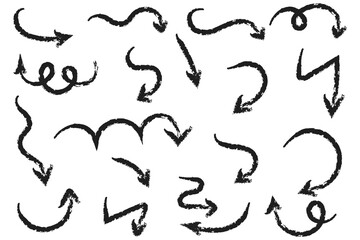 Hand drawn brush or charcoal arrows icons set collection.  Hand drawn grunge arrow vector collection. Straight, curve and thick directional arrow symbols set Vector illustration.