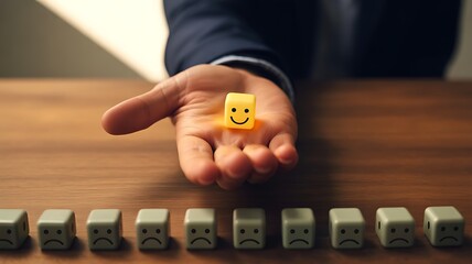 Close up of hand showing a happy face icon cube with a line of various emotional expressions in the background, feedback choice concept