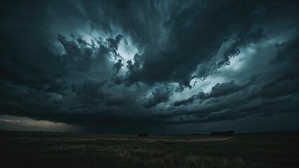 Fototapeta premium Dark storm clouds over open fields with dynamic and ominous sky. Nature and weather, concept. Atmosphere and climate. The concept of storm and weather patterns