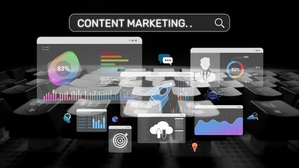 Content marketing interface with data dashboards, analytics charts, and content tools. Marketing...