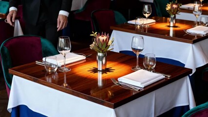 Medium shot featuring a gourmet restaurants elegant setting with deep jewel tones and subtle spotlighting highlighting refined table settings.
