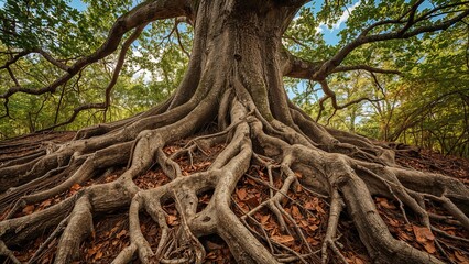 Obraz premium A large tree with extensive roots spreading across the forest floor, surrounded by lush green foliage and a bright blue sky.