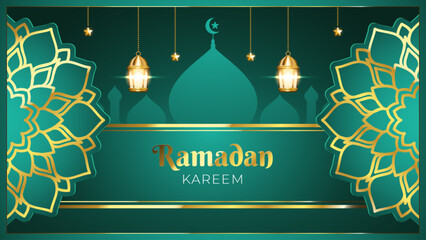 Luxurious Ramadan Kareem celebration greeting card banner. Traditional Islamic festive poster design. 3D Arabian decorations, mosque silhouette, and golden hanging lanterns