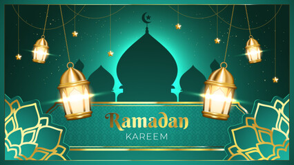 Luxurious Ramadan Kareem celebration greeting card banner. Traditional Islamic festive poster design. 3D Arabian decorations, mosque silhouette, and golden hanging lanterns