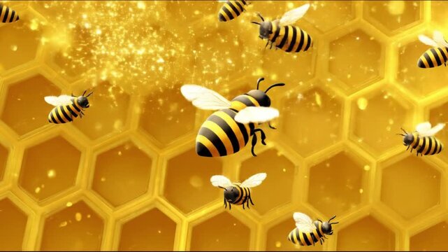 Golden honeycomb grid with buzzing bees and shimmering pollen under bright honey glow. Radiant glow