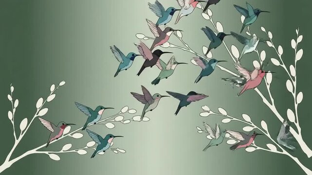 Delicate Flight Hummingbirds Perched On White Floral Branches Pattern For Textile Design
