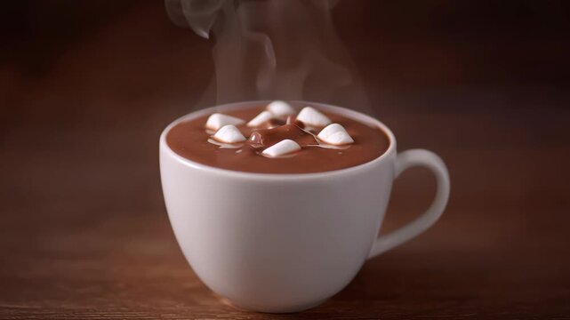 Steaming hot chocolate poured into white cup with marshmallow pieces floating on top creating warm cozy beverage drink on wooden surface