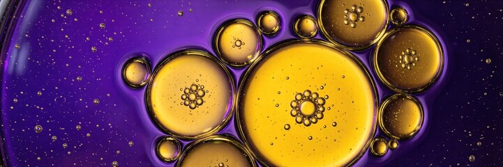 Golden oil bubbles floating on vibrant purple liquid surface