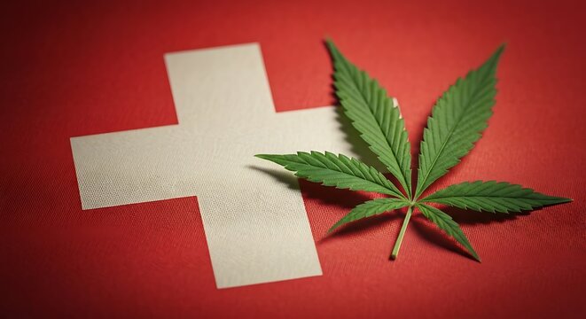 Cannabis leaf on swiss flag background