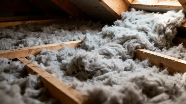Closeup of mineral wool insulation being applied in attic crevices for superior fire resistance and soundproofing