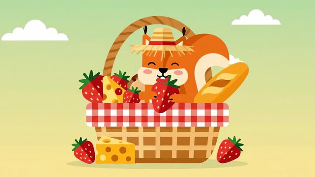 Delightful Animated Picnic Scene With Cute Squirrel Character And Summer Treats