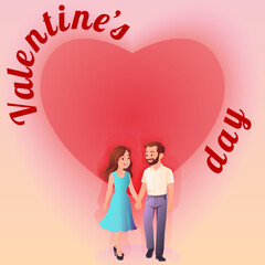 Romantic couple holding hands. Heart background. Valentine Day cards, posters, love-themed vector designs. Square isolated vector illustration.