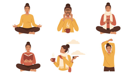 A collection of diverse illustrations depicting a woman engaging in various relaxing activities and self-care routines.