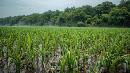 Fototapeta premium Young green corn plants growing in a field with a forest background on a cloudy day.