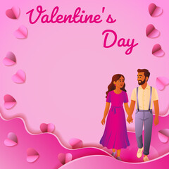 Romantic couple with decorative hearts and waves. Valentine Day cards, posters, love-themed vector designs. Square isolated vector illustration.