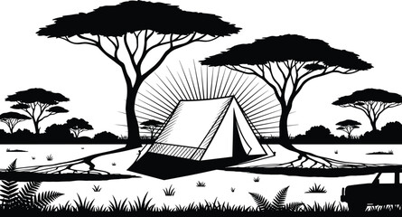African safari camping scene illustration, black white tent landscape with acacia trees sunset rays nature adventure vector art © MdSobhan