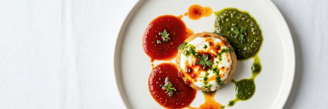 Gourmet dish with red and green sauces on a white plate