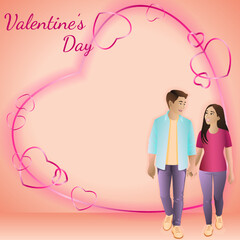 Loving couple with decorative hearts. Valentine Day cards, posters, love-themed vector designs. Square isolated vector illustration.