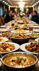 Obraz premium Long table filled with diverse indian dishes at a festive gathering