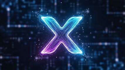 Abstract X logo with fluid light trails and digital patterns