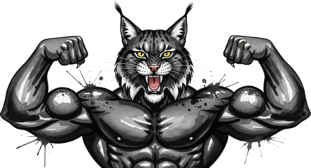 Strong cat flexing muscles with powerful bodybuilder arms isolated on transparent background