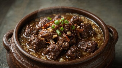 Stew with beef and green onions in a clay pot