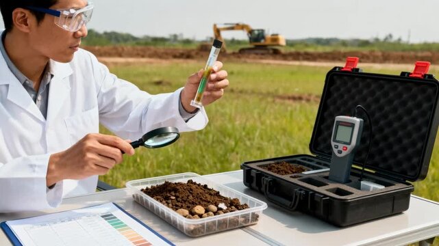 Environmental scientist analyzing soil composition in a field lab setting to determine the suitability of earth materials for construction purposes.