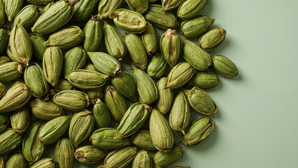 Green cardamom pods scattered on a light green surface.