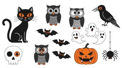 Flat Cartoon Halloween Icon Set with Black Cat, Bats, Ghosts and Pumpkin