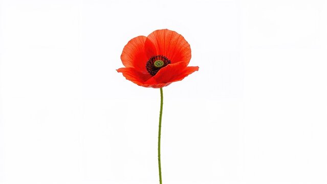 Single red poppy flower with a long green stem on a white background.